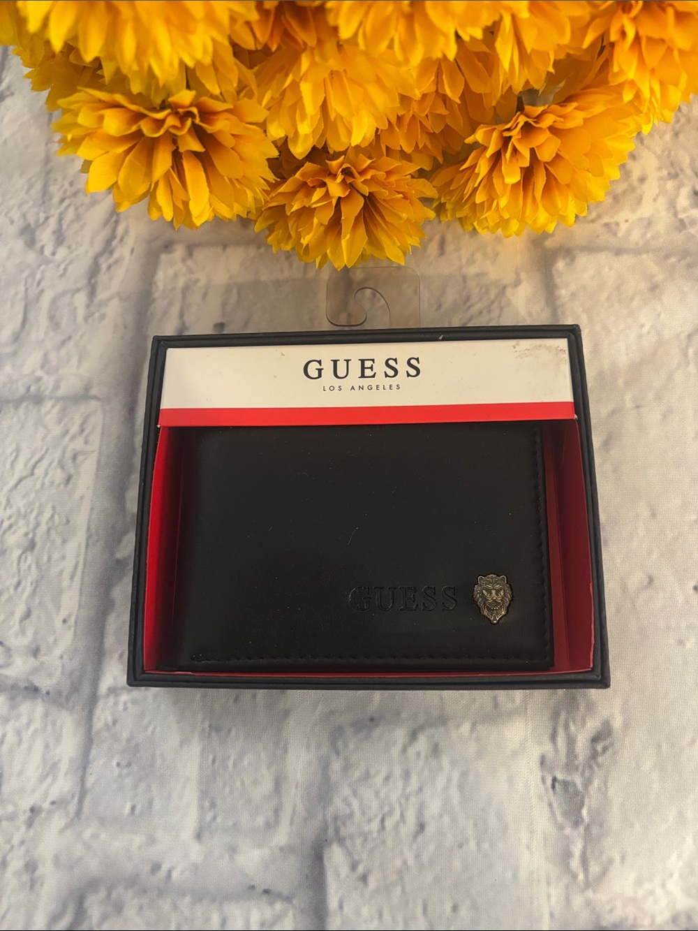 GUESS Black Men's Leather Card Wallet with Metal Crest